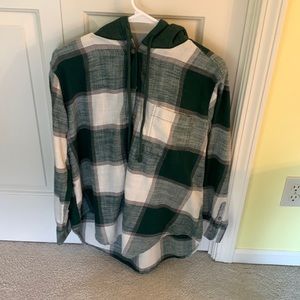 green and white flannel with hood